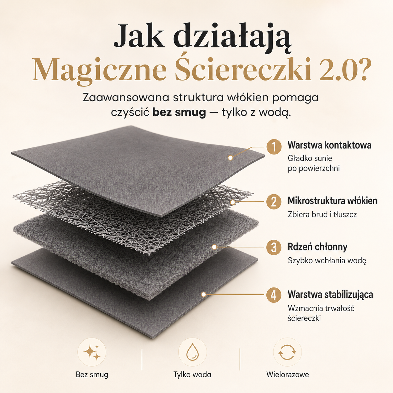 Technologia Magic Wipe - budowa mikrofibry zatrzymującej wodę i zabrudzenia